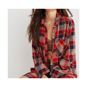 Aerie Red and Blue Plaid Button Down Shirt
